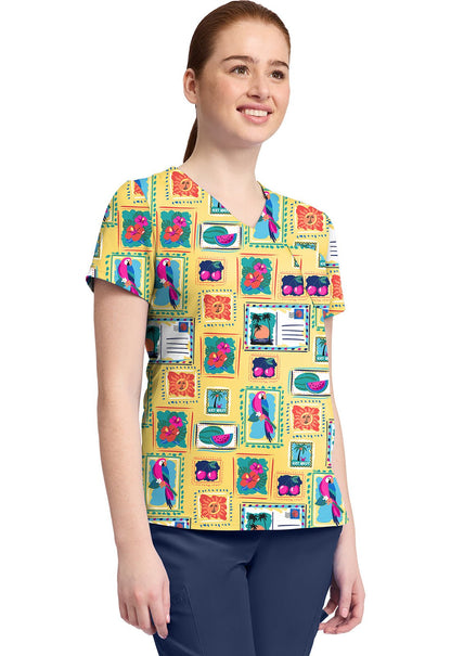 Vacation Post Card Med Couture Print V Neck Scrub Top MC632 VCPC - Scrubs Select