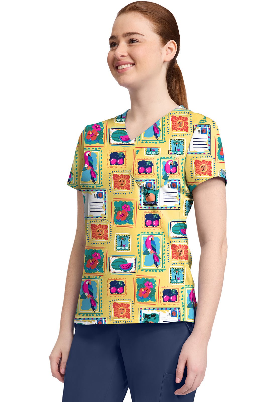 Vacation Post Card Med Couture Print V Neck Scrub Top MC632 VCPC - Scrubs Select
