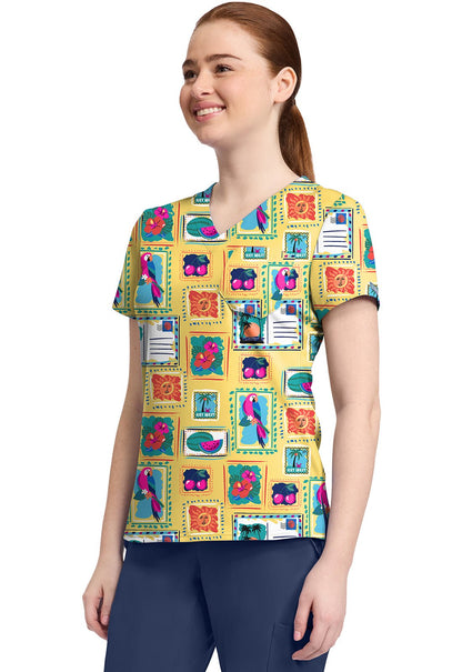 Vacation Post Card Med Couture Print V Neck Scrub Top MC632 VCPC - Scrubs Select