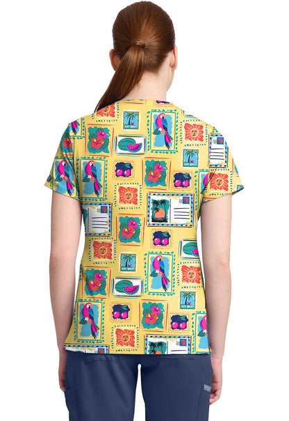 Vacation Post Card Med Couture Print V Neck Scrub Top MC632 VCPC - Scrubs Select