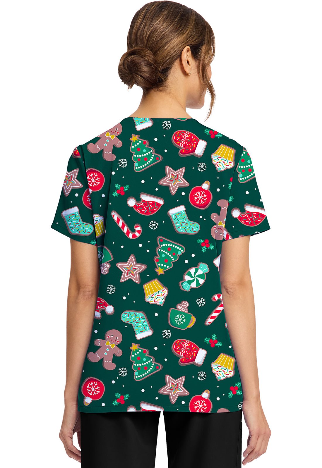 Waiting For Santa Cherokee Scrubs Christmas Print V Neck Top CK856 WFSA - Scrubs Select