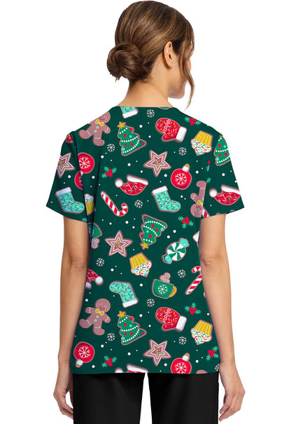 Waiting For Santa Cherokee Scrubs Christmas Print V Neck Top CK856 WFSA - Scrubs Select