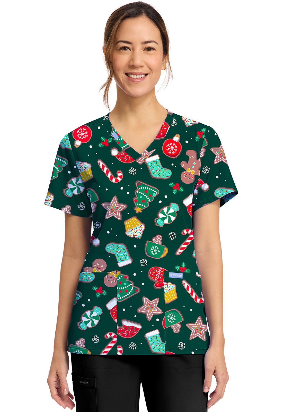 Waiting For Santa Cherokee Scrubs Christmas Print V Neck Top CK856 WFSA - Scrubs Select