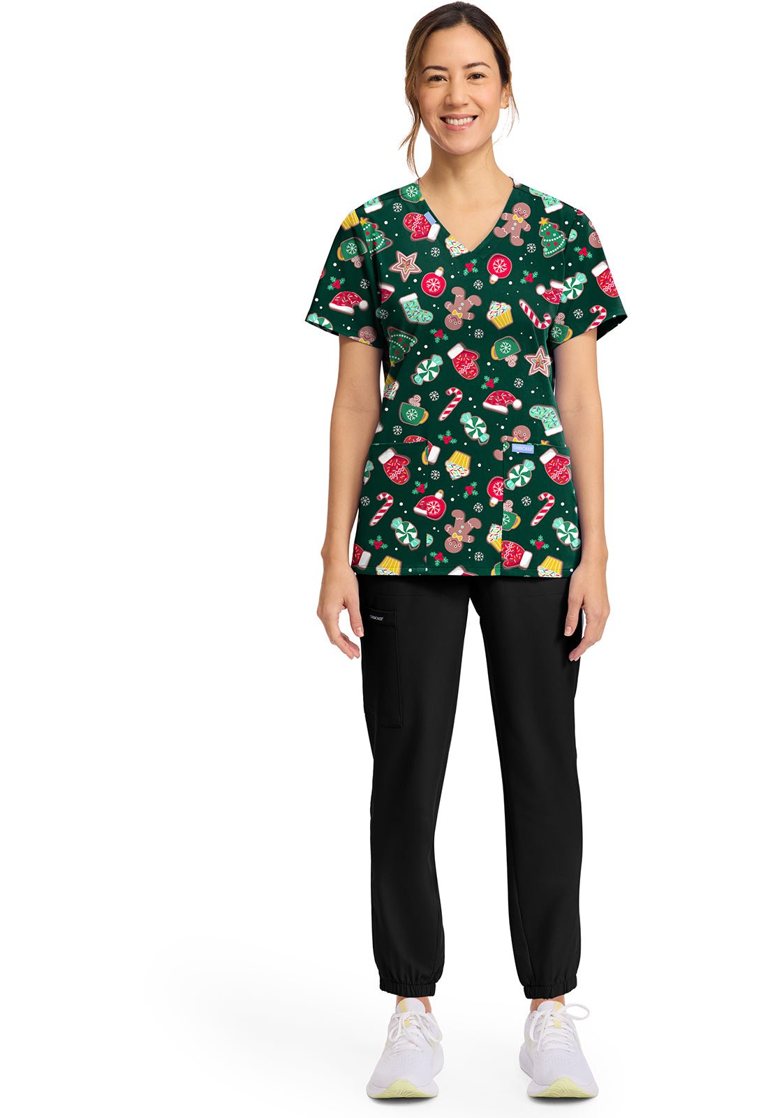 Waiting For Santa Cherokee Scrubs Christmas Print V Neck Top CK856 WFSA - Scrubs Select
