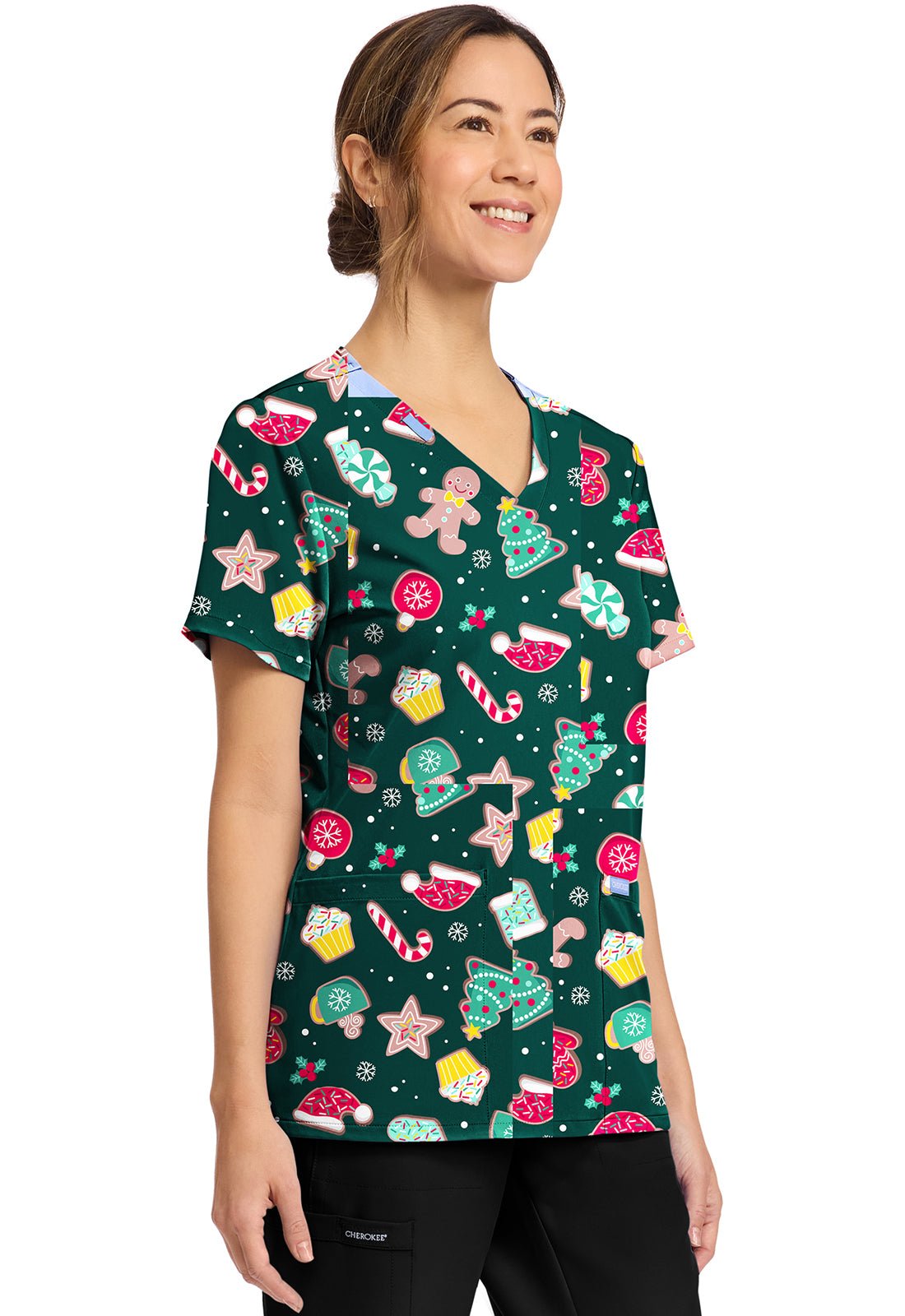 Waiting For Santa Cherokee Scrubs Christmas Print V Neck Top CK856 WFSA - Scrubs Select