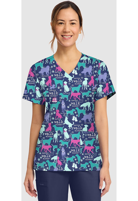 Walk With Dog Cherokee Print V-Neck Scrub Top CK856 OGNV - Scrubs Select