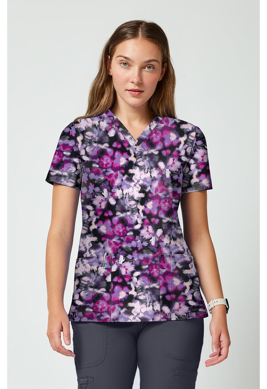 Watercolor Blooms Cherokee Achieve V - Neck Scrub Top CK00010 WRBM - Scrubs Select
