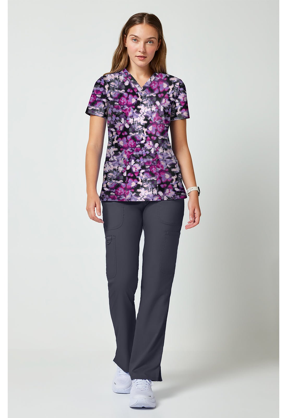 Watercolor Blooms Cherokee Achieve V - Neck Scrub Top CK00010 WRBM - Scrubs Select