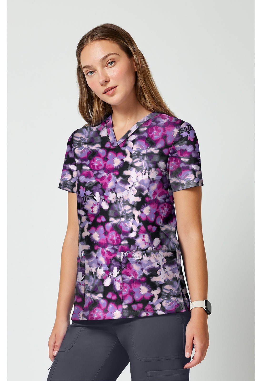 Watercolor Blooms Cherokee Achieve V - Neck Scrub Top CK00010 WRBM - Scrubs Select