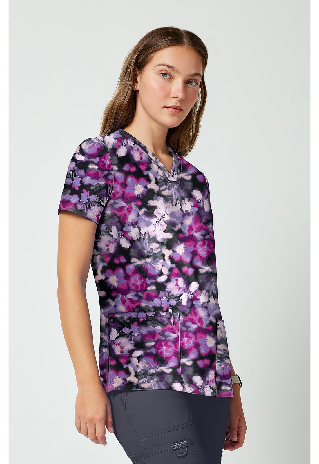 Watercolor Blooms Cherokee Achieve V - Neck Scrub Top CK00010 WRBM - Scrubs Select