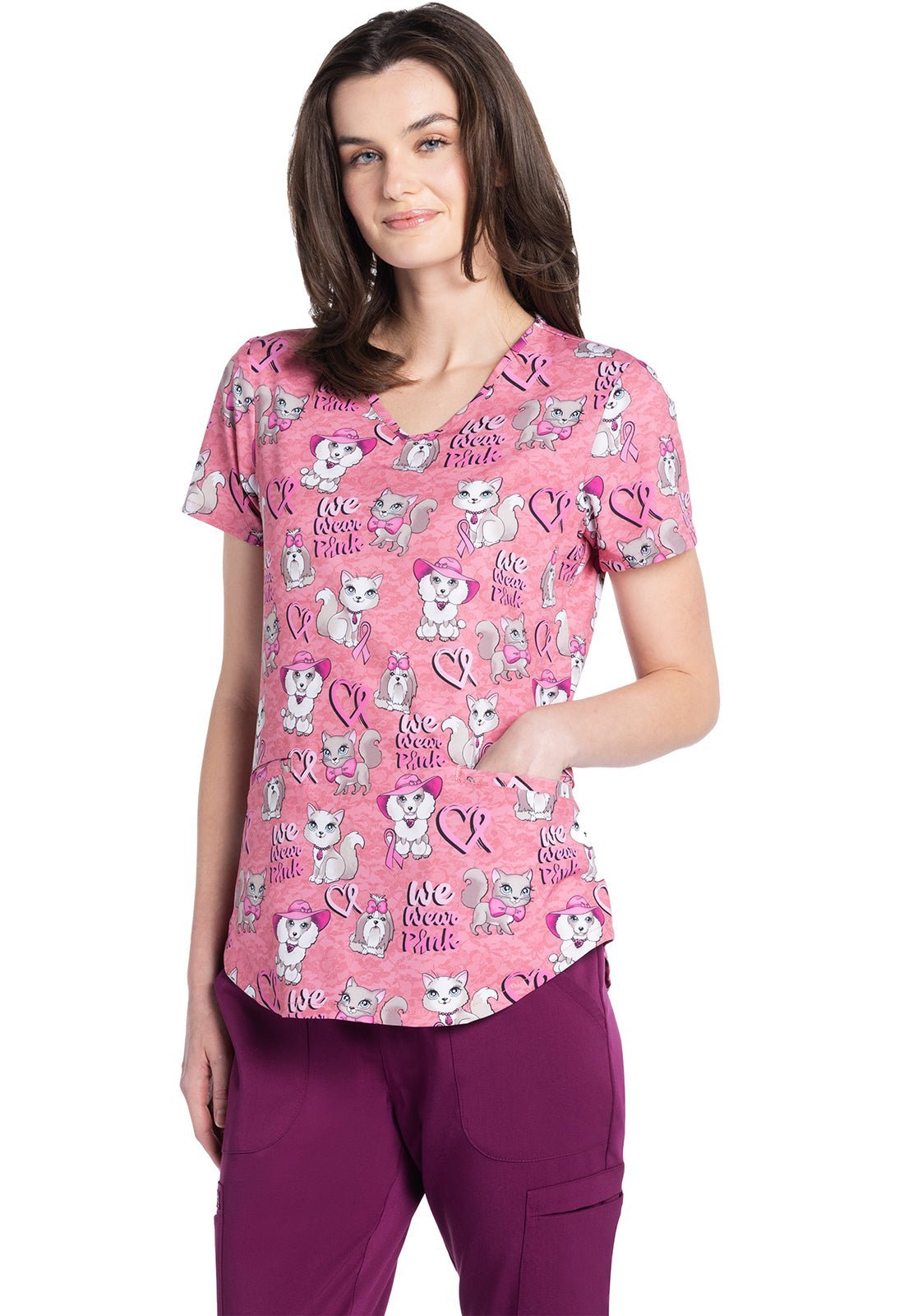 We Wear Pink Cherokee Dog Cat BCA Print V Neck Scrub Top CK637 WWPK - Scrubs Select