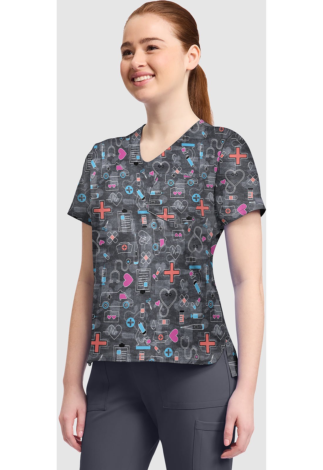 Wellness Icons Cherokee Print V Neck Scrub Top CK857 WNIS - Scrubs Select
