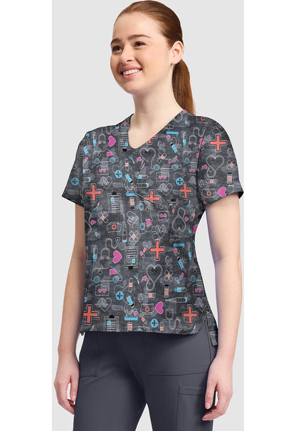 Wellness Icons Cherokee Print V Neck Scrub Top CK857 WNIS - Scrubs Select