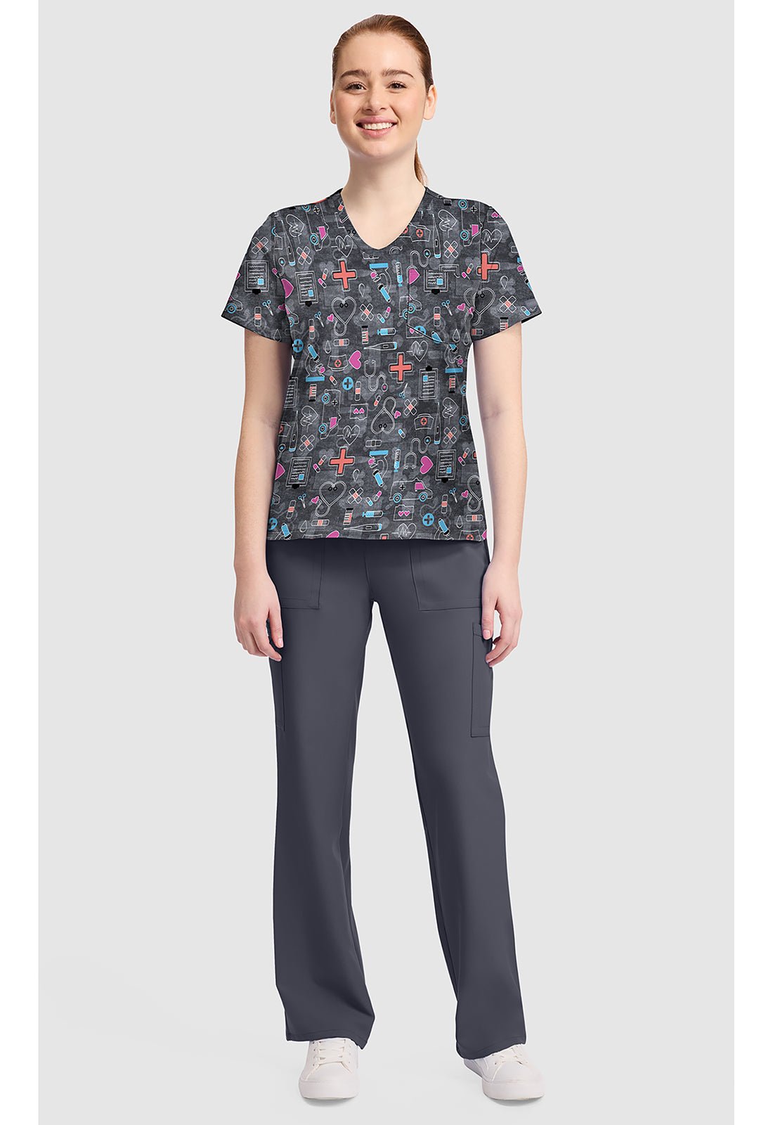 Wellness Icons Cherokee Print V Neck Scrub Top CK857 WNIS - Scrubs Select
