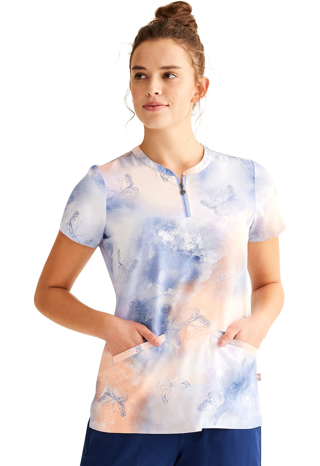 Whimsical Sky Healing Hands Limited Edition Zip Front Scrub Top HH900 WSKY - Scrubs Select