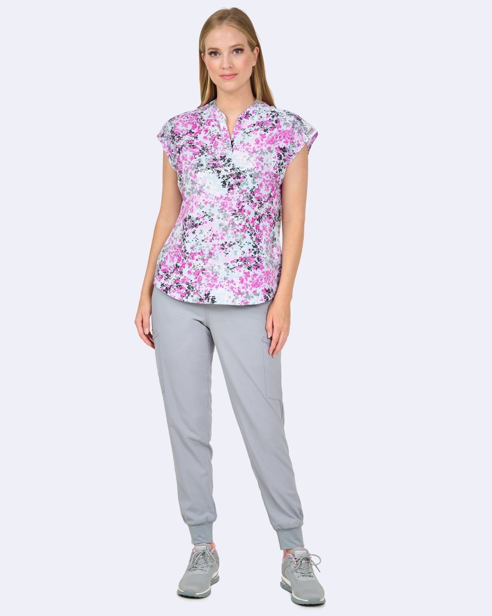 Whispering Greys Zavate Diana Print Scrub Mandarin Collar Top 1172 WPGY - Scrubs Select