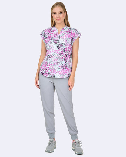 Whispering Greys Zavate Diana Print Scrub Mandarin Collar Top 1172 WPGY - Scrubs Select