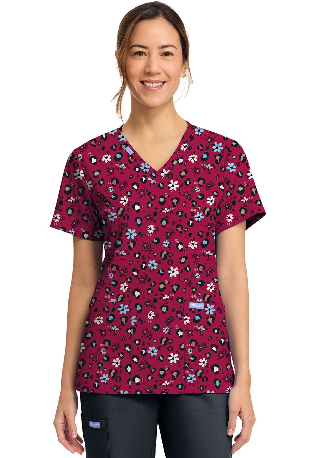 Wild Ditsy Cherokee Scrubs Floral Print V Neck Top CK856 WLDI - Scrubs Select