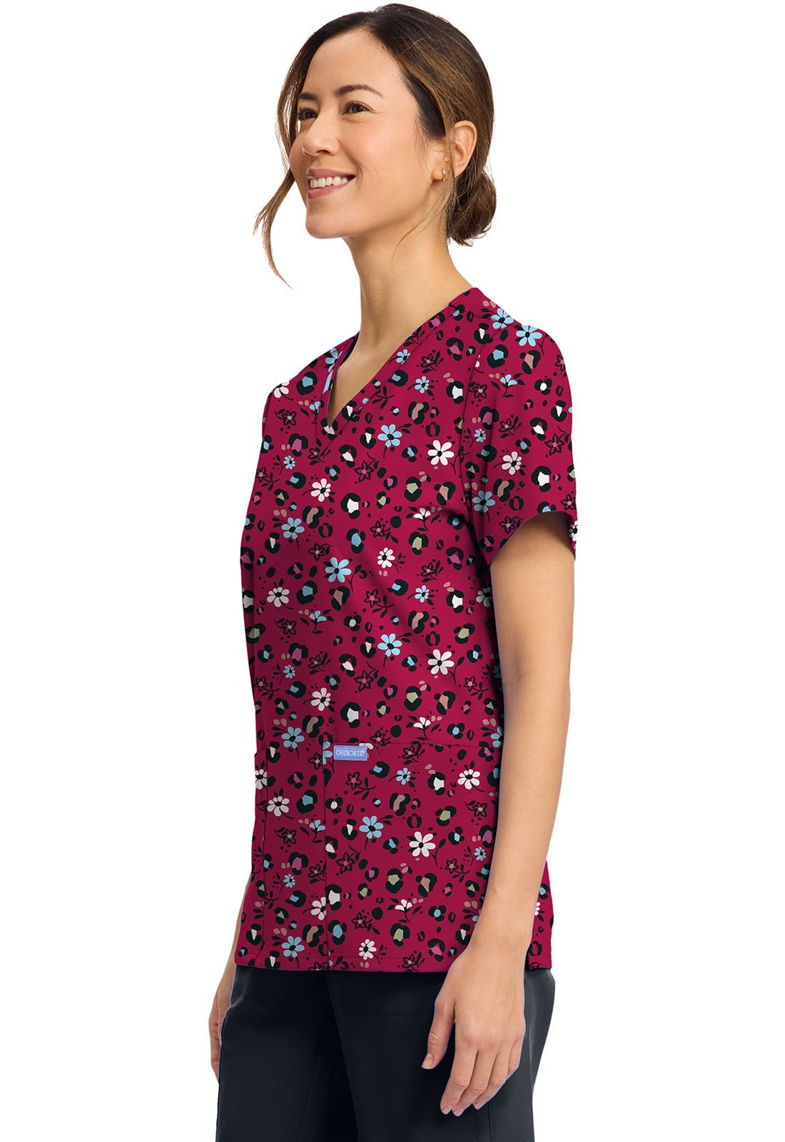 Wild Ditsy Cherokee Scrubs Floral Print V Neck Top CK856 WLDI - Scrubs Select