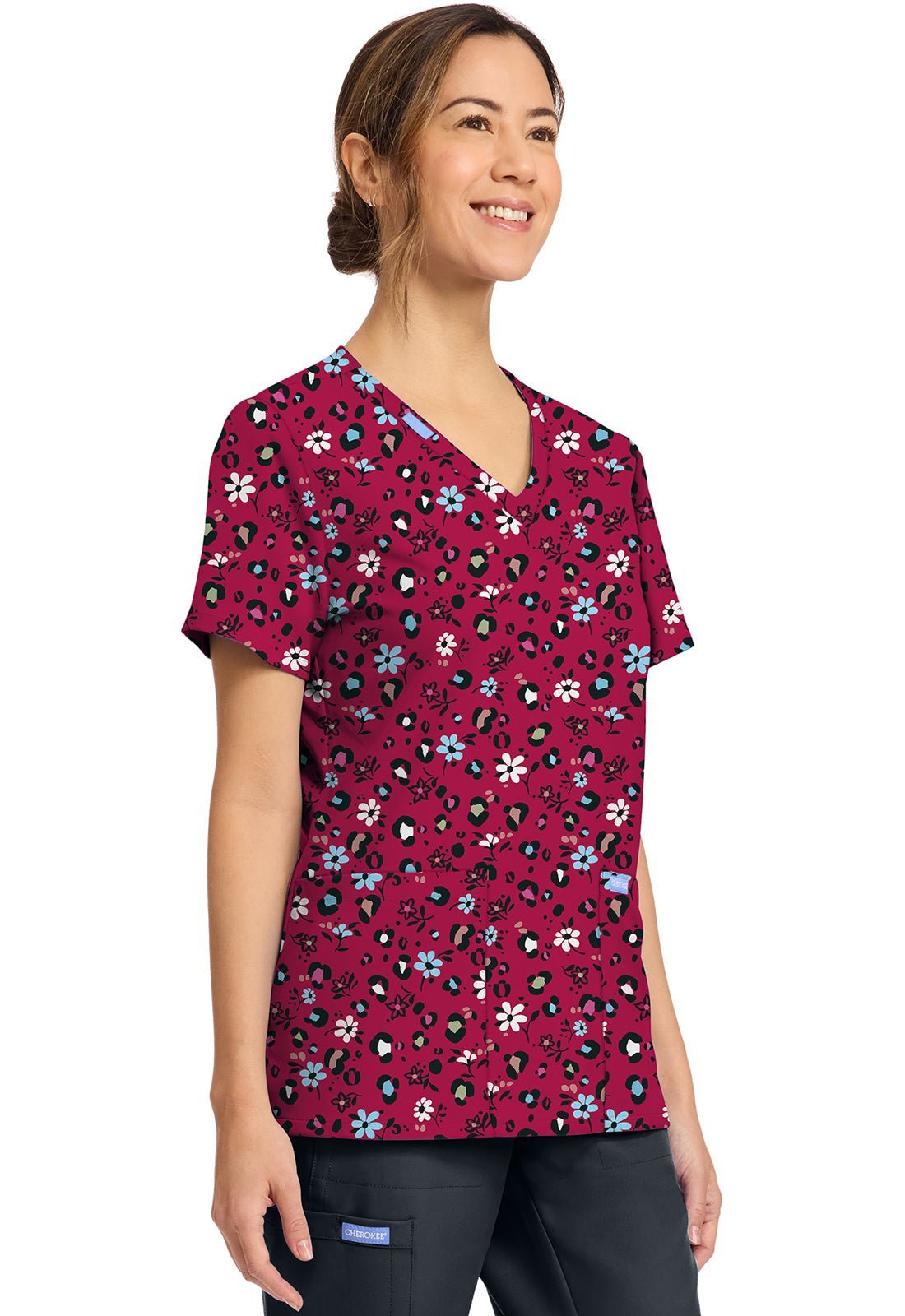 Wild Ditsy Cherokee Scrubs Floral Print V Neck Top CK856 WLDI - Scrubs Select