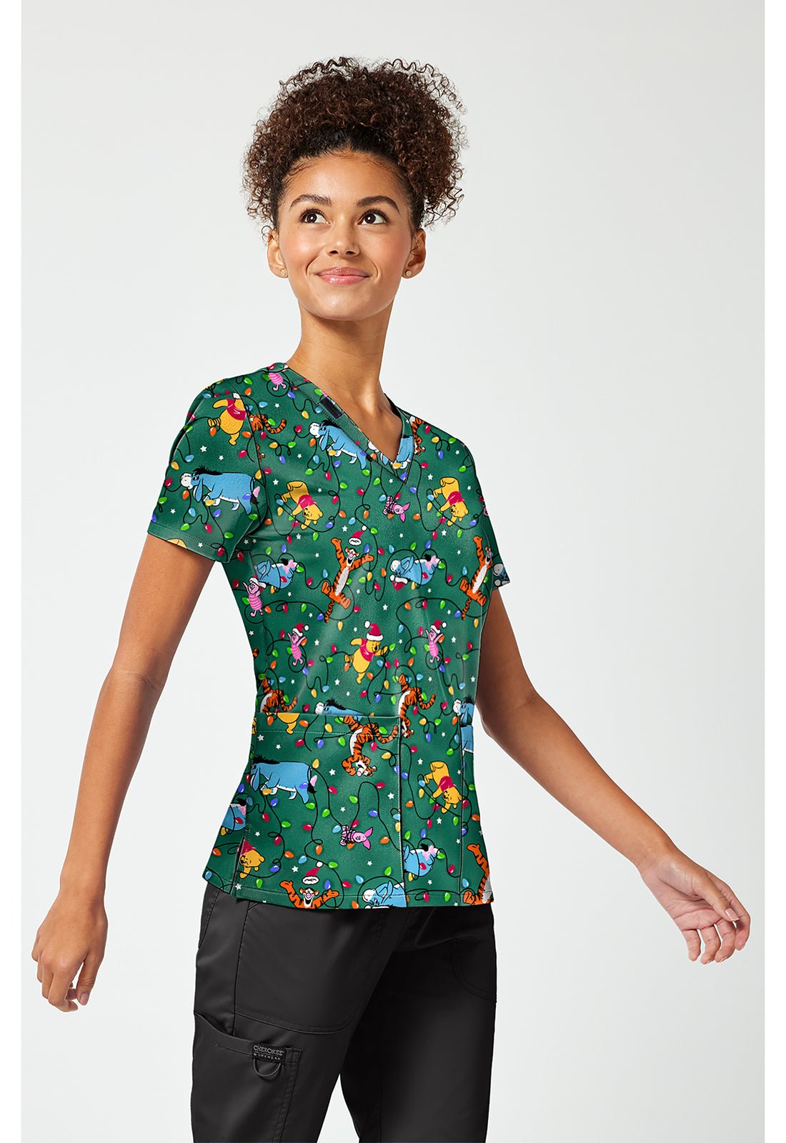 Winnie The Pooh Tooniforms Licensed Disney Christmas V Neck Scrub Top TF796 PHXT - Scrubs Select