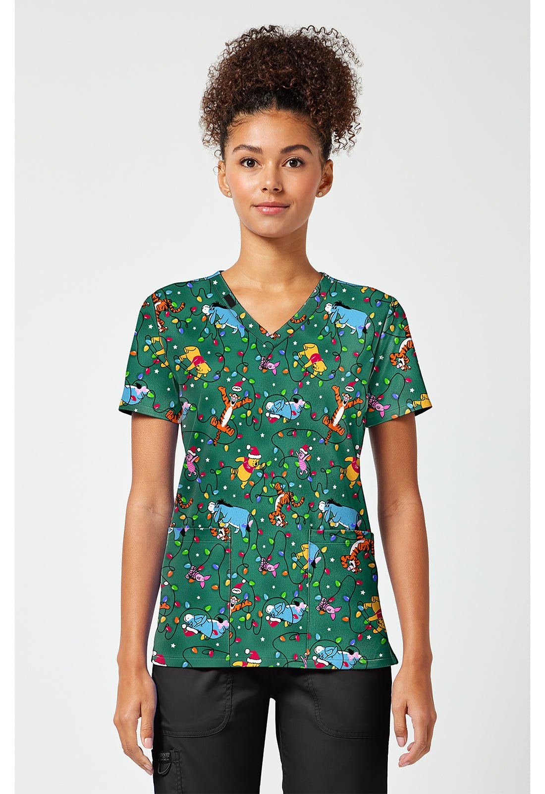 Winnie The Pooh Tooniforms Licensed Disney Christmas V Neck Scrub Top TF796 PHXT - Scrubs Select