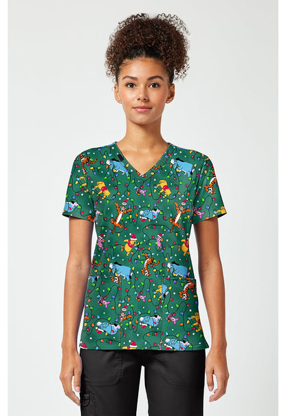 Winnie The Pooh Tooniforms Licensed Disney Christmas V Neck Scrub Top TF796 PHXT - Scrubs Select