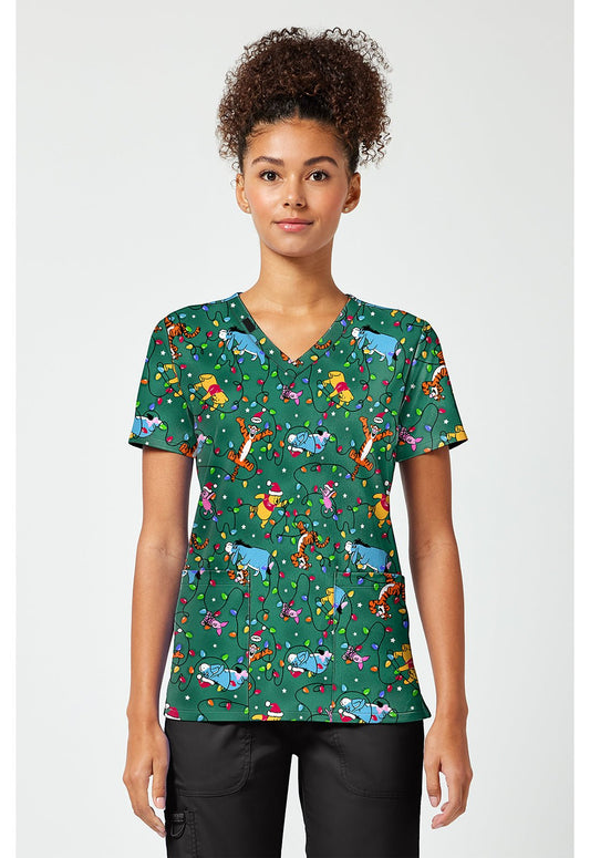 Winnie The Pooh Tooniforms Licensed Disney Christmas V Neck Scrub Top TF796 PHXT - Scrubs Select