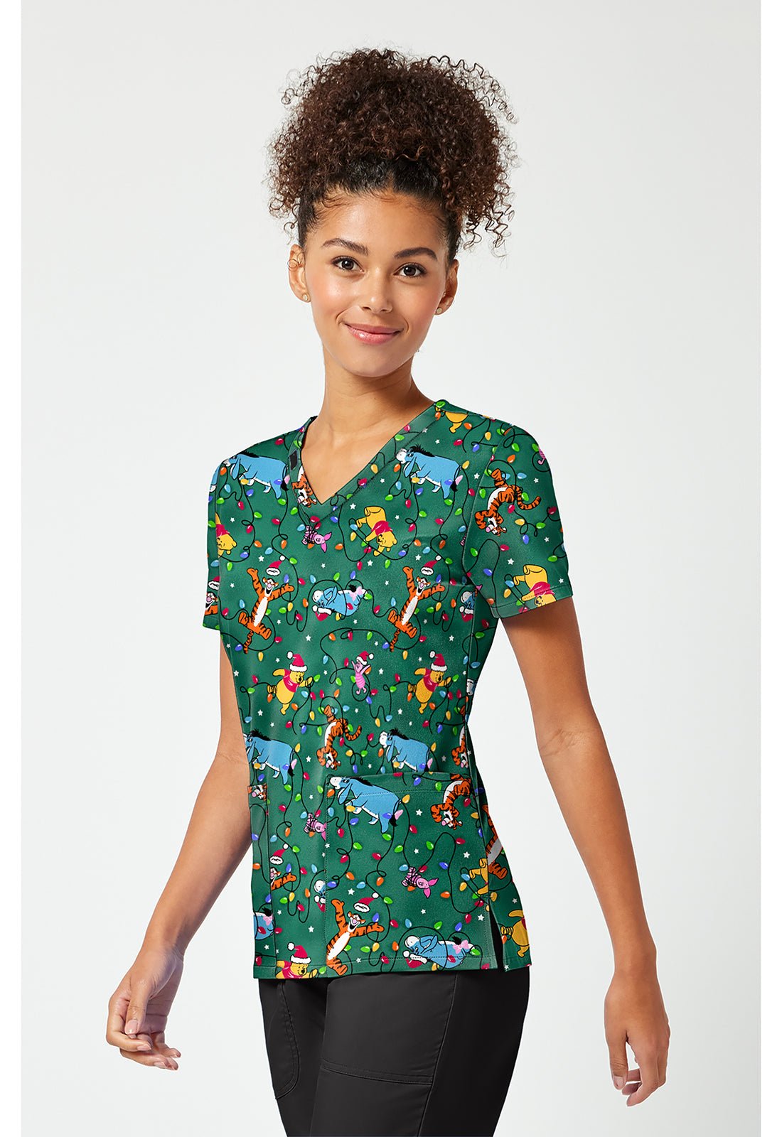 Winnie The Pooh Tooniforms Licensed Disney Christmas V Neck Scrub Top TF796 PHXT - Scrubs Select