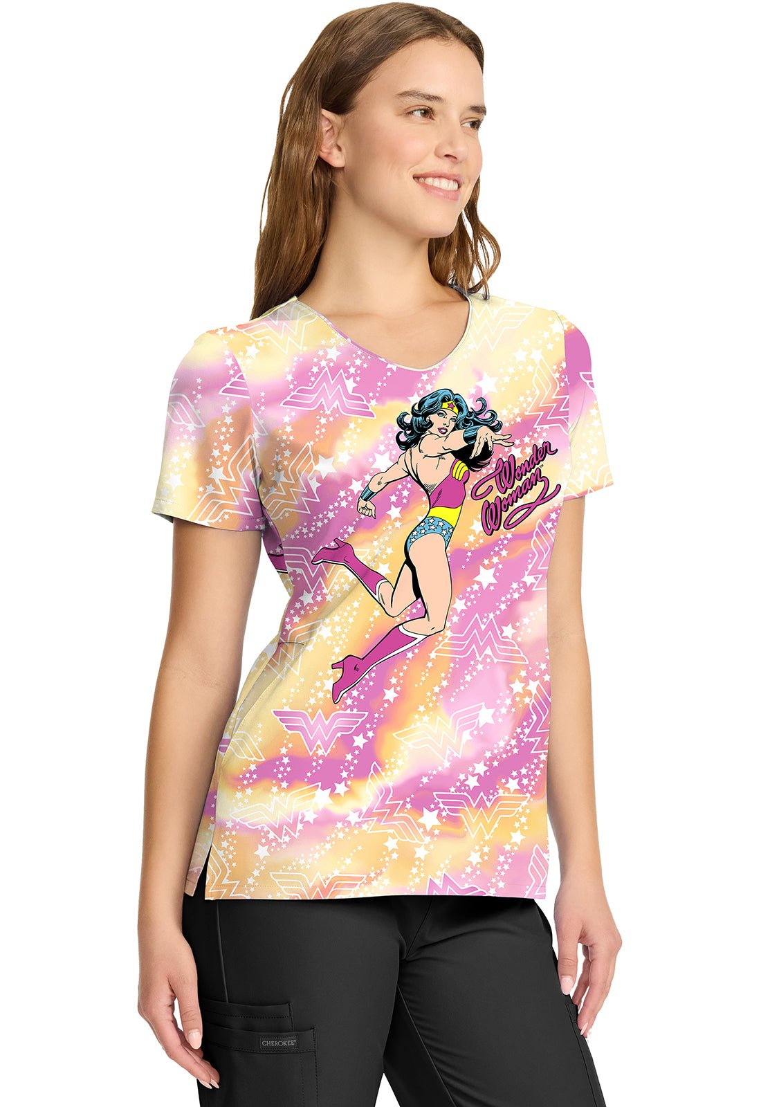 Wonder Women Cherokee Tooniforms DC Comics V Neck Scrub Top TF626 DMGY - Scrubs Select