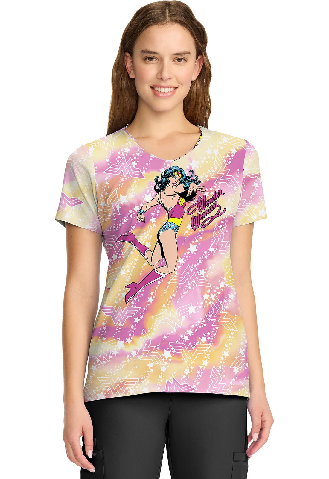 Wonder Women Cherokee Tooniforms DC Comics V Neck Scrub Top TF626 DMGY - Scrubs Select
