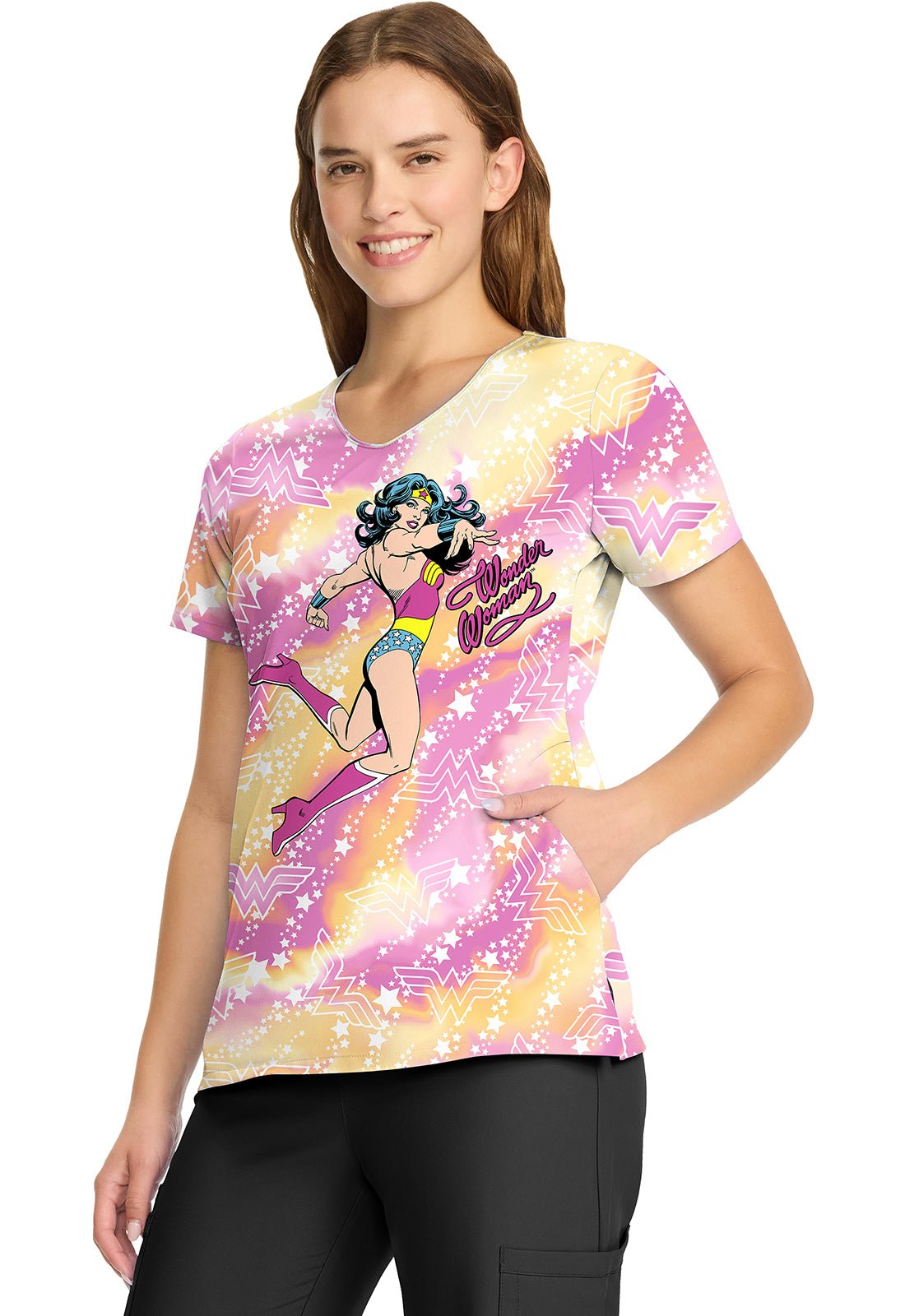 Wonder Women Cherokee Tooniforms DC Comics V Neck Scrub Top TF626 DMGY - Scrubs Select