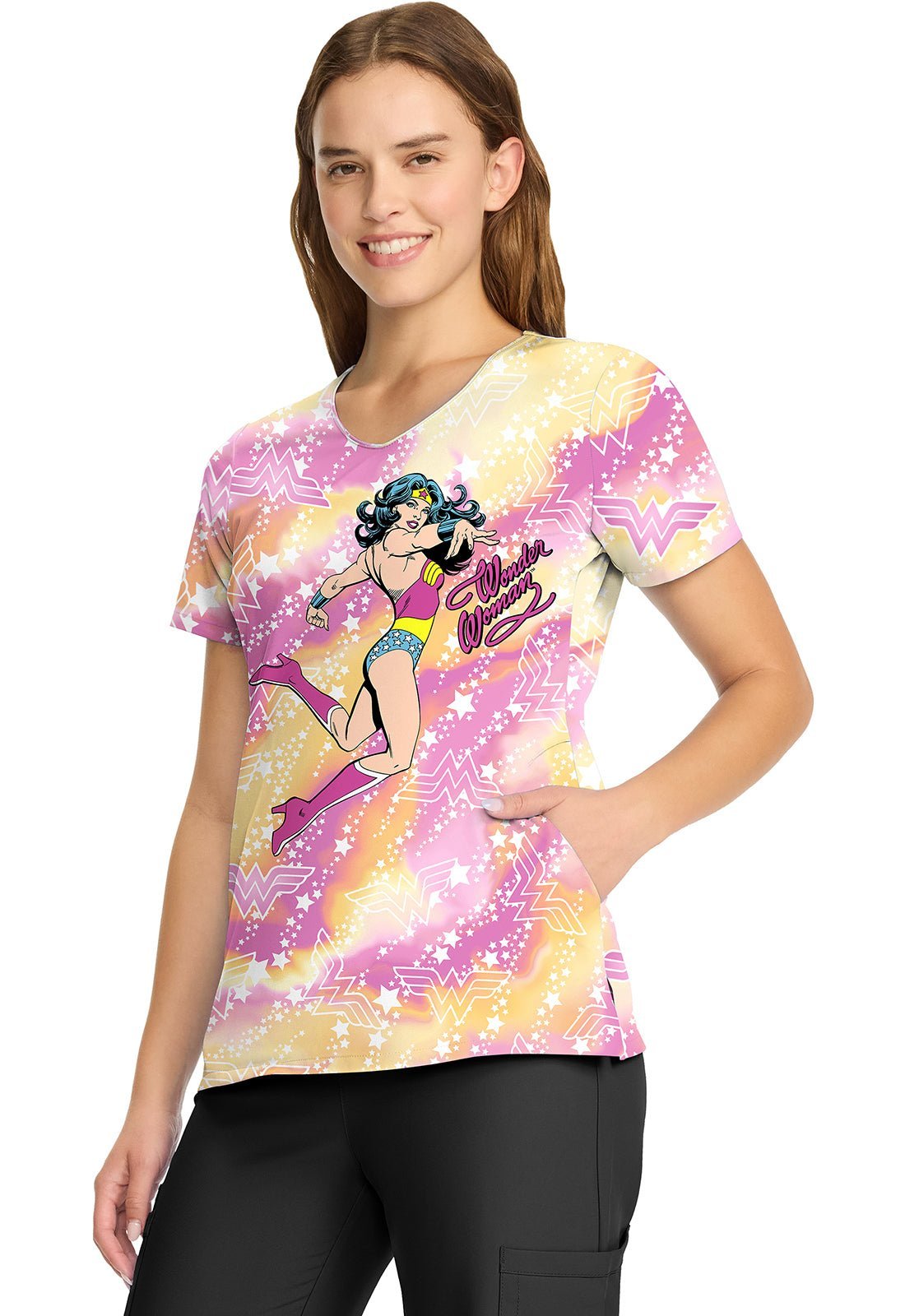 Wonder Women Cherokee Tooniforms DC Comics V Neck Scrub Top TF626 DMGY - Scrubs Select