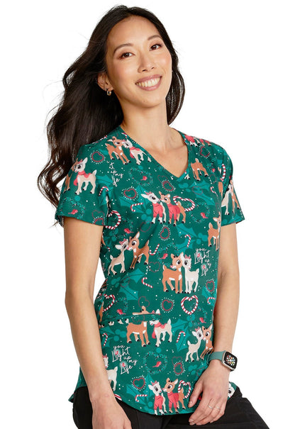 You Light Up Cherokee Tooniforms Rudolph Christmas V Neck Scrub Top TF737 RULP - Scrubs Select