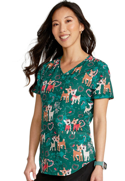 You Light Up Cherokee Tooniforms Rudolph Christmas V Neck Scrub Top TF737 RULP - Scrubs Select
