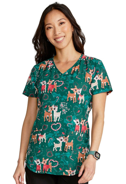 You Light Up Cherokee Tooniforms Rudolph Christmas V Neck Scrub Top TF737 RULP - Scrubs Select