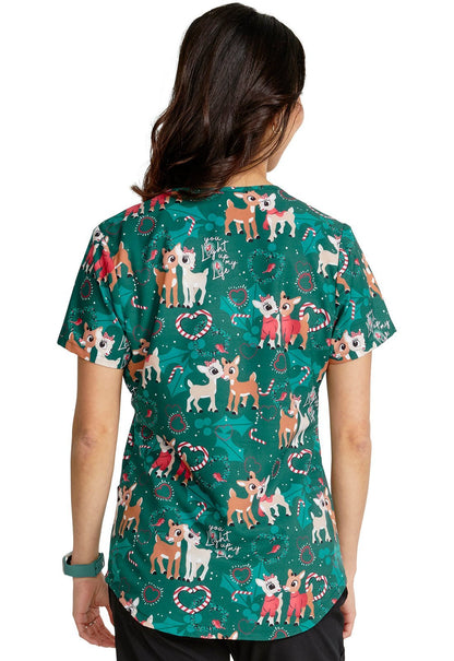 You Light Up Cherokee Tooniforms Rudolph Christmas V Neck Scrub Top TF737 RULP - Scrubs Select