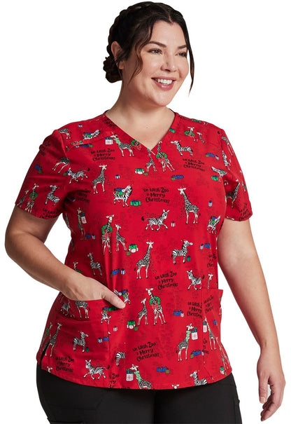 Zoo Christmas Dickies EDS Print V Neck Scrub Top DK616 WZMC - Scrubs Select