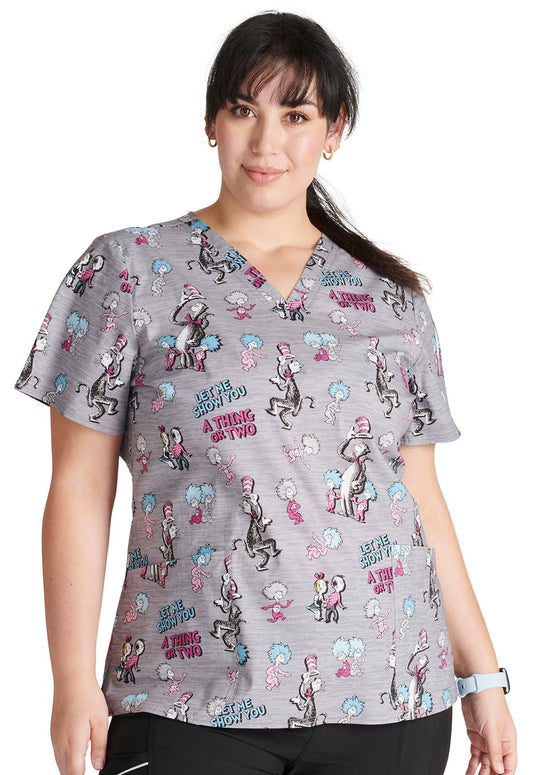 A Thing Or Two Cherokee Tooniforms Licensed Dr. Seuss V Neck Scrub Top TF738 SEAT - Scrubs Select