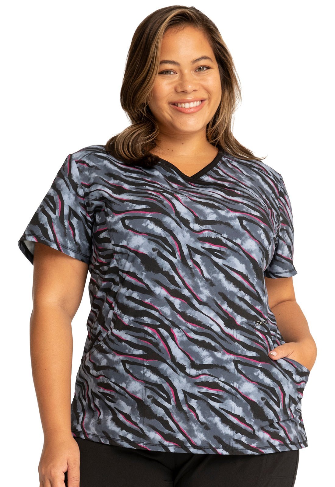 Abstract Cherokee Infinity Print Mock Wrap Scrub Top CK608 WFTD - Scrubs Select