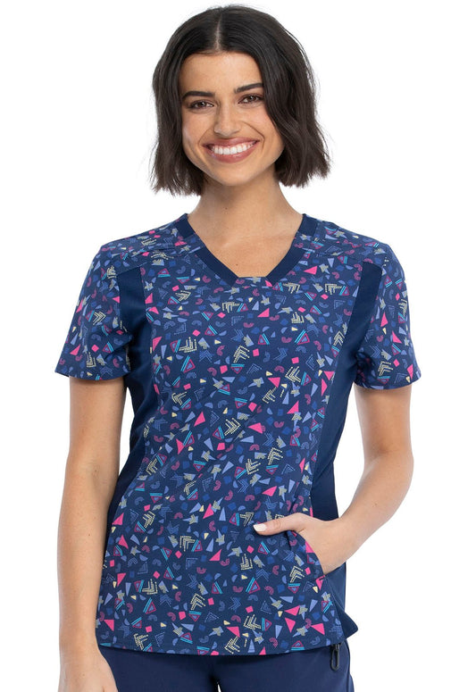 Abstract Print V Neck Knit Panel Scrub Top CK641 GEOT - Scrubs Select