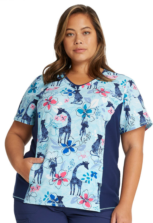 African Animal Cherokee iFlex Print Mock Wrap Knit Panel Scrub Top CK698 JUBU - Scrubs Select