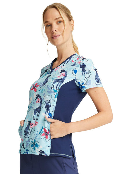 African Animal Cherokee iFlex Print Mock Wrap Knit Panel Scrub Top CK698 JUBU - Scrubs Select