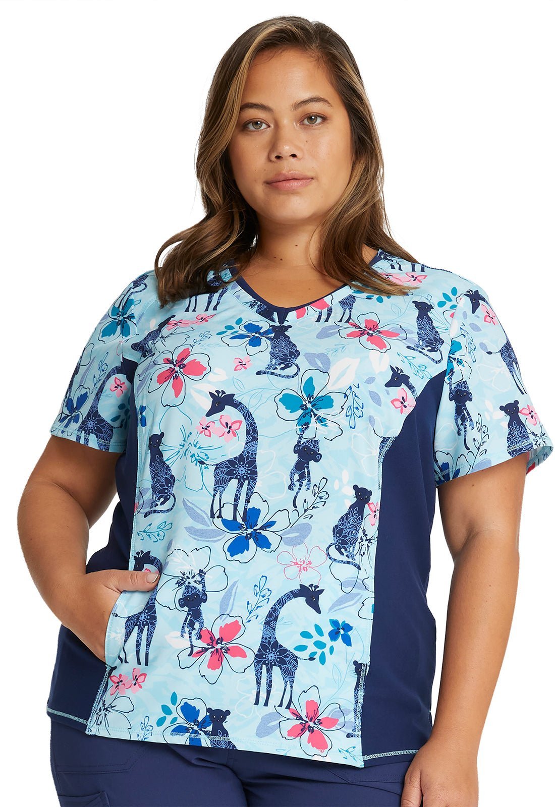 African Animal Cherokee iFlex Print Mock Wrap Knit Panel Scrub Top CK698 JUBU - Scrubs Select
