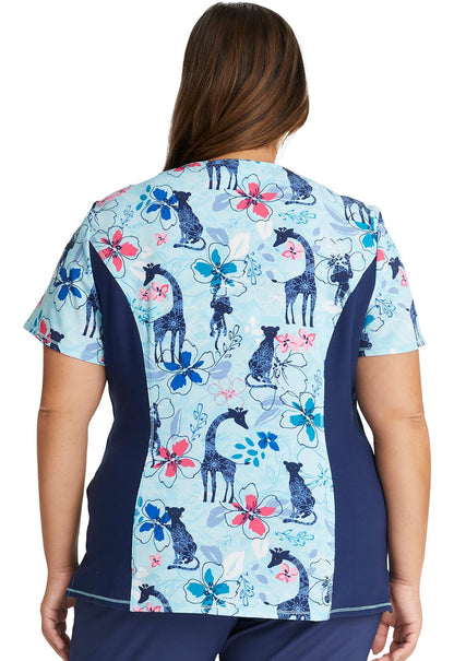 African Animal Cherokee iFlex Print Mock Wrap Knit Panel Scrub Top CK698 JUBU - Scrubs Select