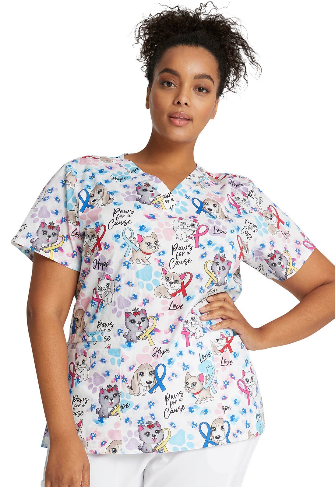 All Awareness Cherokee Animal Print V Neck Scrub Top CK616 PWFC - Scrubs Select