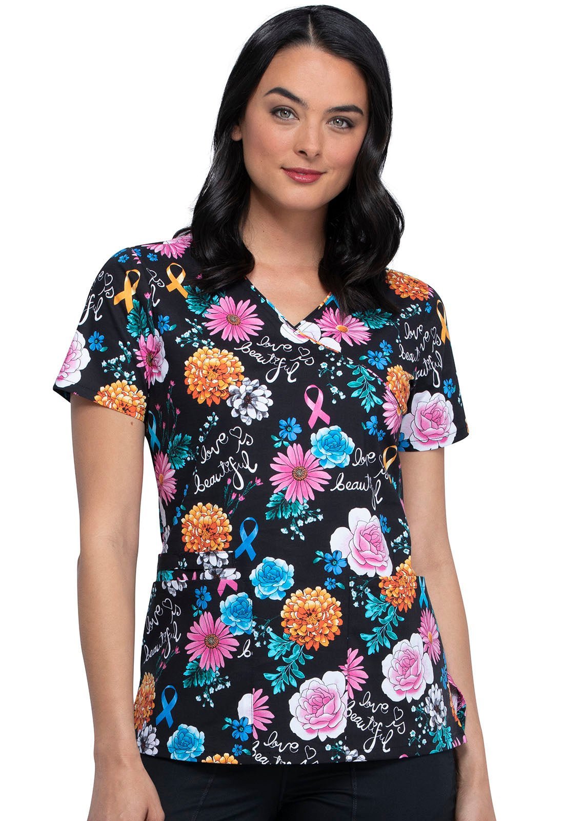 All Awareness Cherokee Print Mock Wrap Scrub Top CK614 LVBA - Scrubs Select
