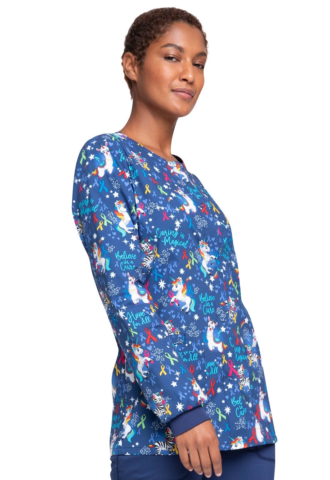 Cherokee Magical Care Warm Up Scrub Jacket - All Awareness Print