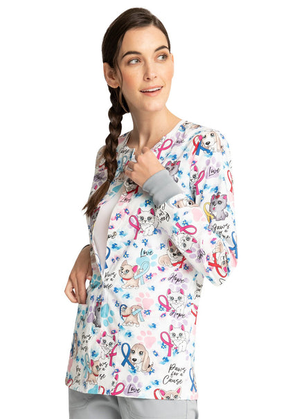All Awareness Dogs Cats Cherokee Print Warm Up Scrub Jacket CK301 PWFC - Scrubs Select