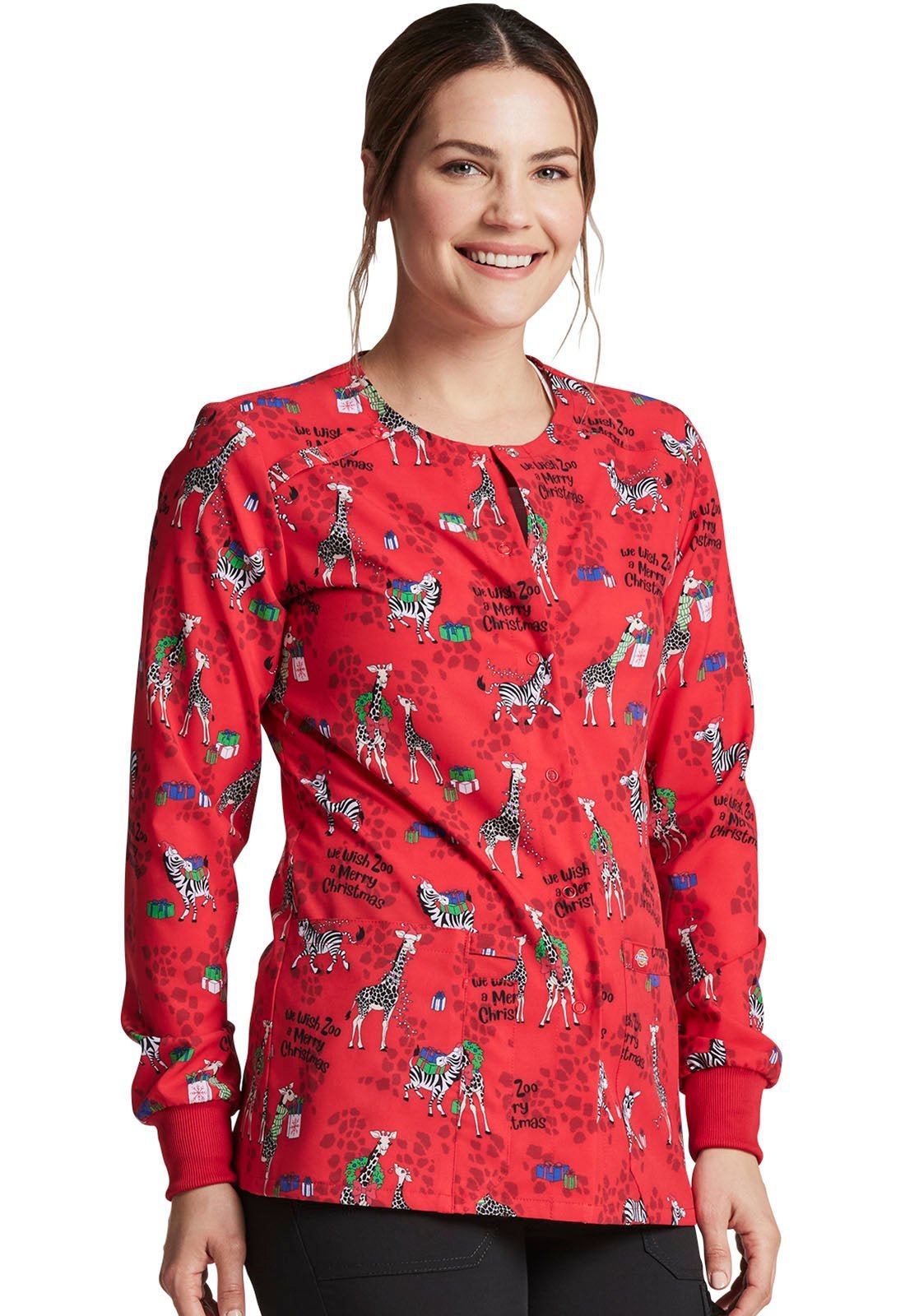 Animal Print Dickies Christmas EDS Snap Front Scrub Jacket DK309 WZMC - Scrubs Select
